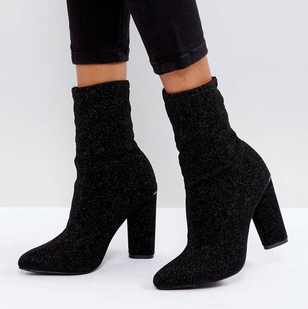 Glamorous Black High Sock Heeled Ankle Boots